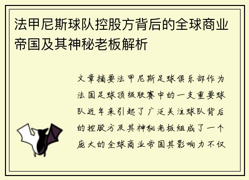 法甲尼斯球队控股方背后的全球商业帝国及其神秘老板解析
