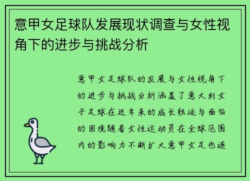 意甲女足球队发展现状调查与女性视角下的进步与挑战分析