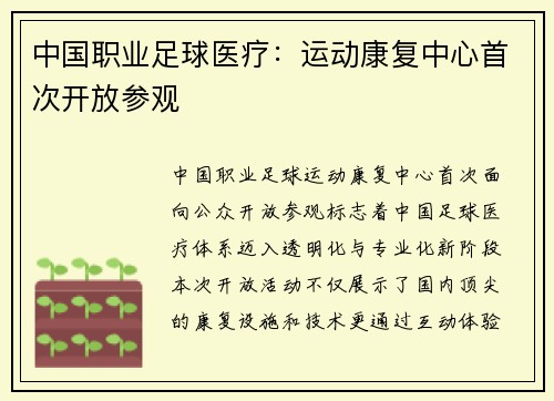 中国职业足球医疗：运动康复中心首次开放参观