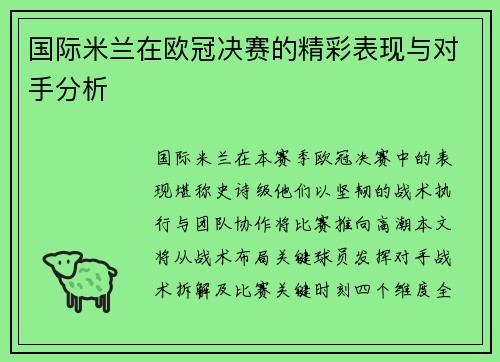 国际米兰在欧冠决赛的精彩表现与对手分析